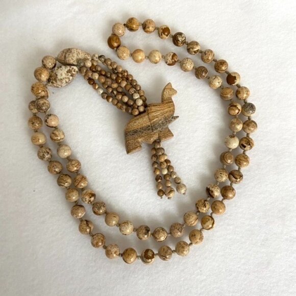 Beaded Long Hand Knotted Landscape Jasper Elephant Tassel Necklace 33" Infinity - Picture 4 of 16